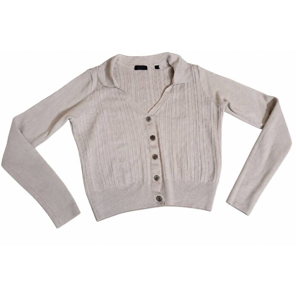 ATM womens large cropped sweater beige cream merino wool spring summer soft